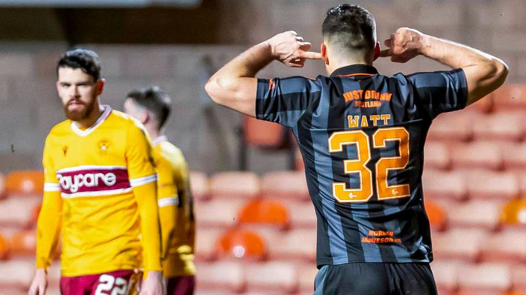 Dundee, Scotland - February 9: Dundee United celebrates Tony Watt by making it 2-0 during the Premier League match between Dundee United and Motherwell at Tannadys Park, on February 09, 2023, in Dundee, Scotland.  (Photo by Roddy Scott / SNS Group)