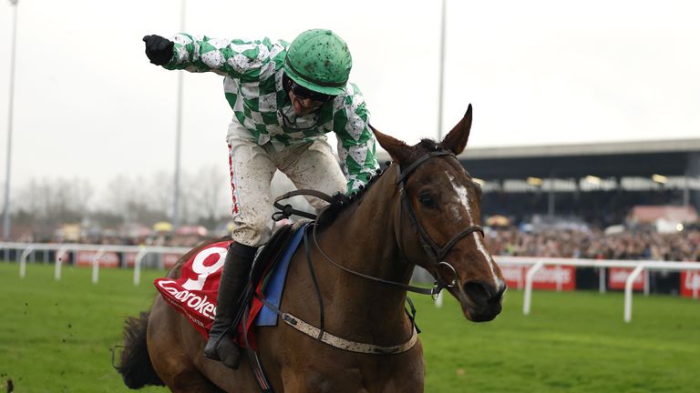 Tornado Flyer and Danny Mullins after King George VI Chase's 2023 landing in Kempton
