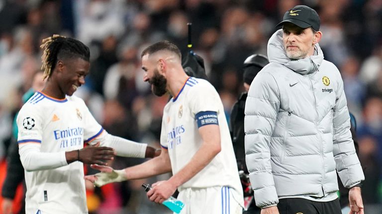 Chelsea coach Thomas Tuchel watches Real Madrid celebrate their place in the Champions League semi-finals