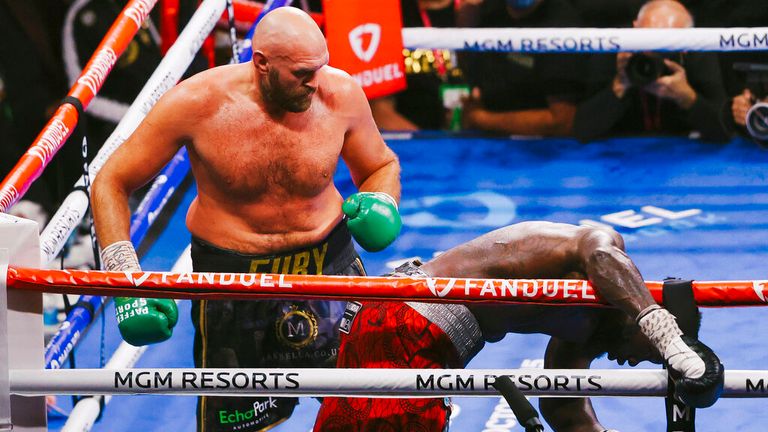 Tyson Fury knocks Deontay Wilder during their fight for the WBC World Heavyweight Championship at T-Mobile Arena in Las Vegas on Saturday, October 9, 2023. WADE VANDERVORT