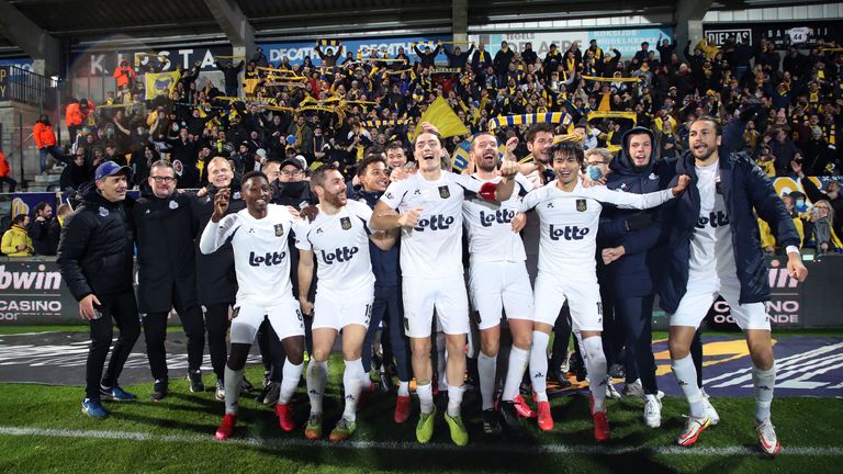 The players of the newly promoted Belgian club Union Saint-Gilloise celebrated