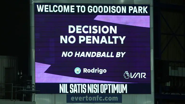 Big screen after Video Assistant Referee technology decided there was no penalty on a potential handball for Manchester City Rodrygo (not pictured) during the Premier League match at Goodison Park, Liverpool.  Photo date: Saturday, February 26, 2023.