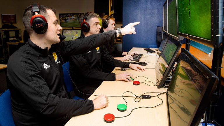 Glasgow, Scotland - MARCH 2: A media event with referees receiving VAR technology training at Hampden Park, on March 2, in Glasgow, Scotland.  (Photo by Alan Harvey/SNS Group)