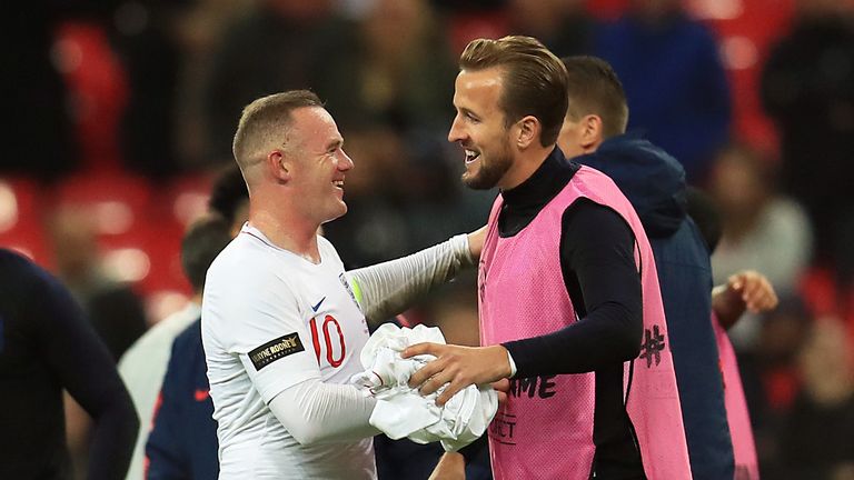 England's Wayne Rooney (left) celebrates with Harry Kane during the international friendly match at Wembley Stadium, London