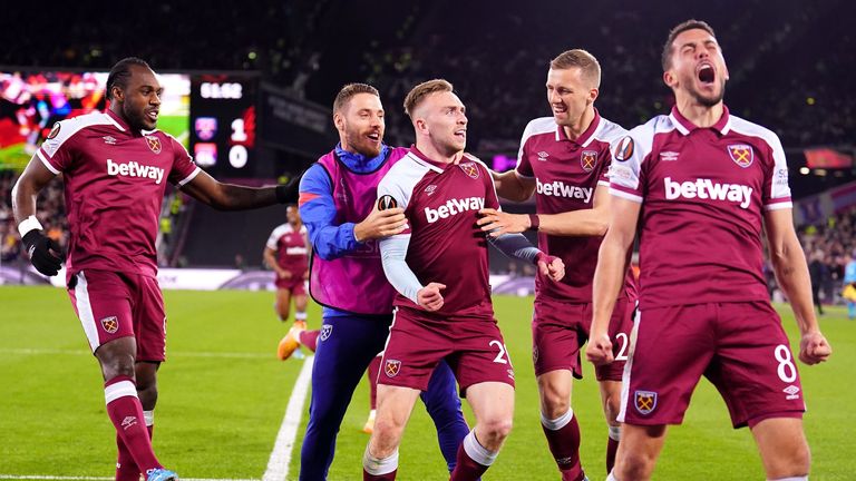 West Ham players celebrate after Jarrod Bowen's goal against Lyon