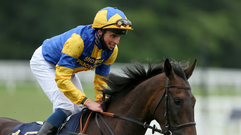 William Buick smiles after the Wonderful Tonight crosses the front line at the Hardwicke Stakes