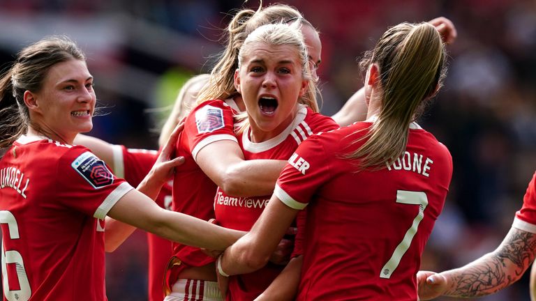 Alicia Russo celebrates after Man United's draw against Everton